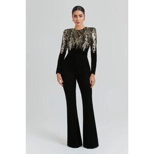 Nadine Merabi Katarina Black Gold Sequin Jumpsuit S/M NWT $545